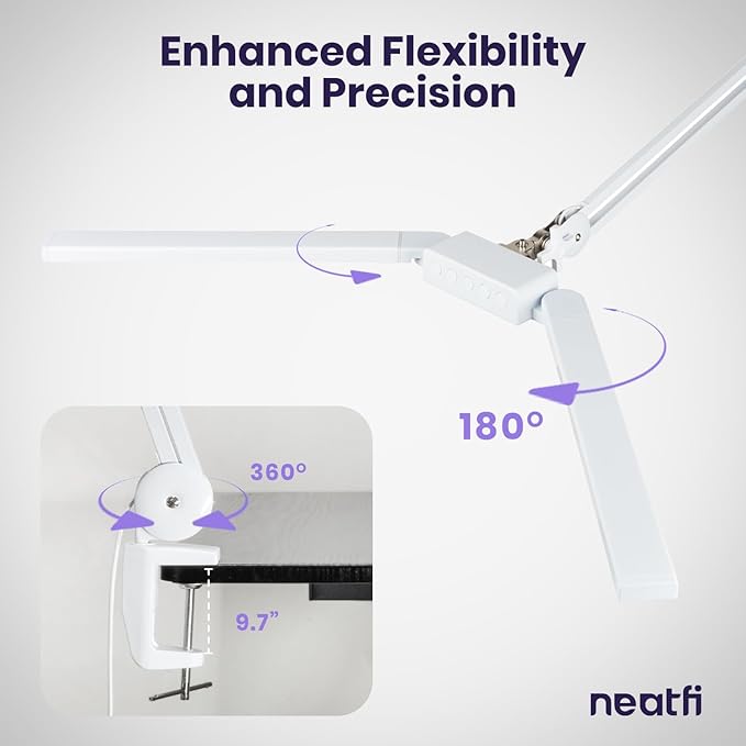 Neatfi LED Desk Lamp, Dimmable Desk Light with 360 SMD LEDs, 30W, CRI 95, Adjustable Color Temperature, Task Lamp for Home, Office, and Workbench (CCT, White, 41 Inches)