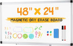 NEWBULIG White Board, 48" x 24" Magnetic Dry Erase Board for Wall with 1 Dry Eraser & 2 Multi-Color Markers & 4 Magnetic Pins, Silver Aluminum Frame for Office, Home, School