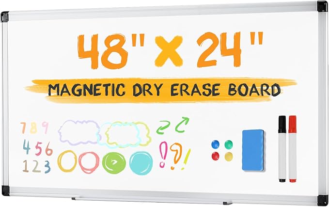 NEWBULIG White Board, 48" x 24" Magnetic Dry Erase Board for Wall with 1 Dry Eraser & 2 Multi-Color Markers & 4 Magnetic Pins, Silver Aluminum Frame for Office, Home, School