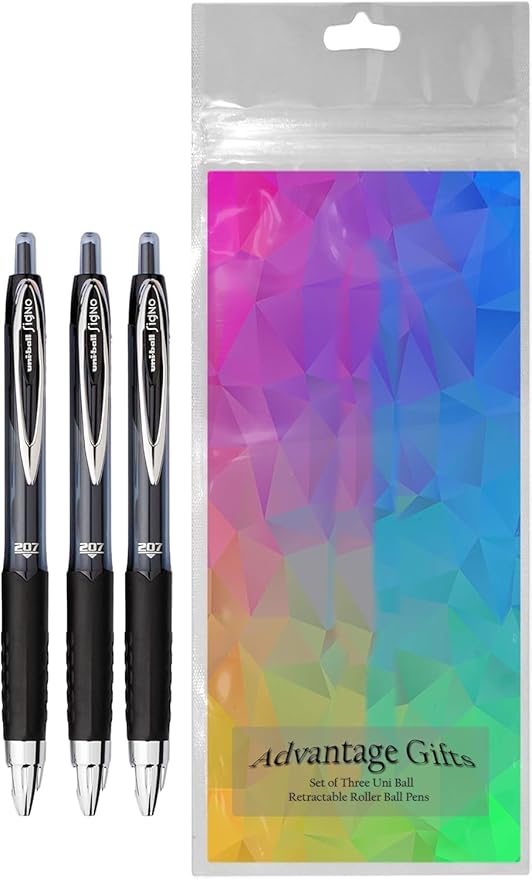 Advantage Gifts Signo 207 Roller Ball Retractable Gel Pens, Medium Point (0.7mm), Black Ink, 3 Count, Bundle with Plastic Reusable Pouch