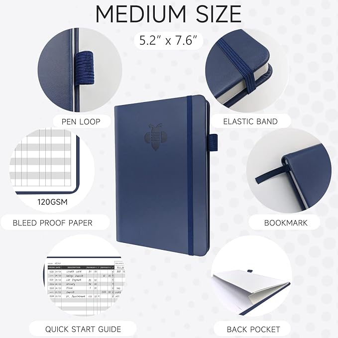 KUMEER Check Register – Elegant Check Registers for Personal Checkbook with Check & Transaction Registers, Hardcover Checkbook Log 5.2x7.6" (Navy Blue)