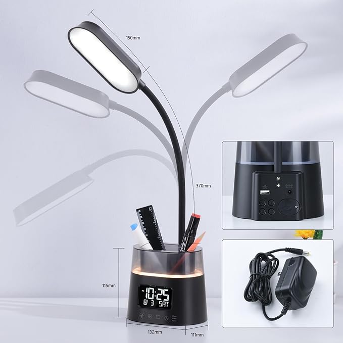 Led Desk Lamp for Home Office, Touch Table Lamp with USB Charging Port, 3 Color Modes Stepless Dimmable Reading Light, Gooseneck Lamp for Dorm Room, Bedside Study Light with Clock,Adapter Include