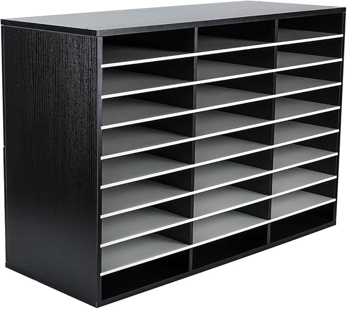 EasyPAG Wooden Literature Organizer with Adjustable Shelves, 27 Compartments Office Paper Organizer Storage 13500 Sheets Letter Size Paper, Student Mailbox for Classroom, Black/White