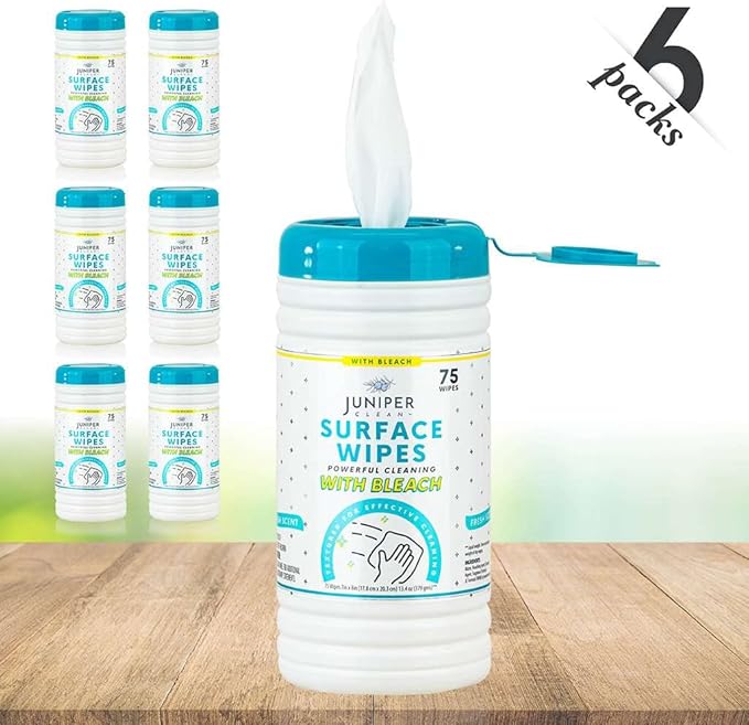Juniper CLEAN 6 Pack Surface Cleaning Wipes with Bleach, All-Purpose Cleaner for Bathroom, Kitchen, Office, 450 Count Canister, Fresh Scent, 7.5" x 7" Sheet, Lint Free & Durable