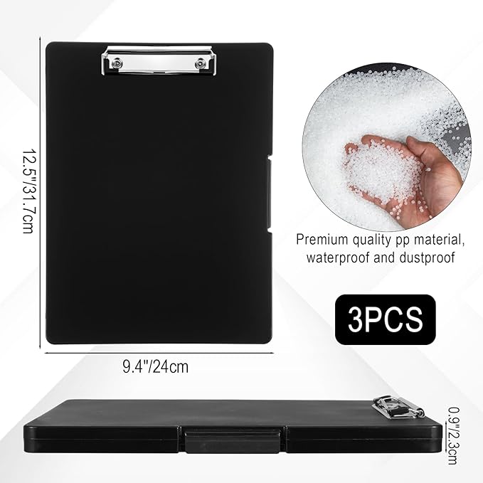 Afcabakila 3 Pack Clipboard with Storage, Foldable Clipboard Organizer with Pen Holder, Heavy Duty Plastic Writing Board for Nurse, Teacher, Student, Office Supplies, Black