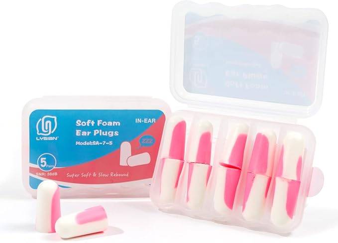 LYSIAN Ultra Soft Foam Ear Plugs for Sleeping Noise Cancelling -5 Pairs, 38dB Earplugs for Sleep, Work, Snoring and Shooting (Pink/White)