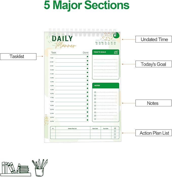 To Do List Notebook Daily Planner A5 CheckList Pad 52 Sheets, 5.9" x 8.2" Daily Schedule Goal and Tasks Setting Notepad Productivity Planner, Spiral Appointment Organizers, A5-LG