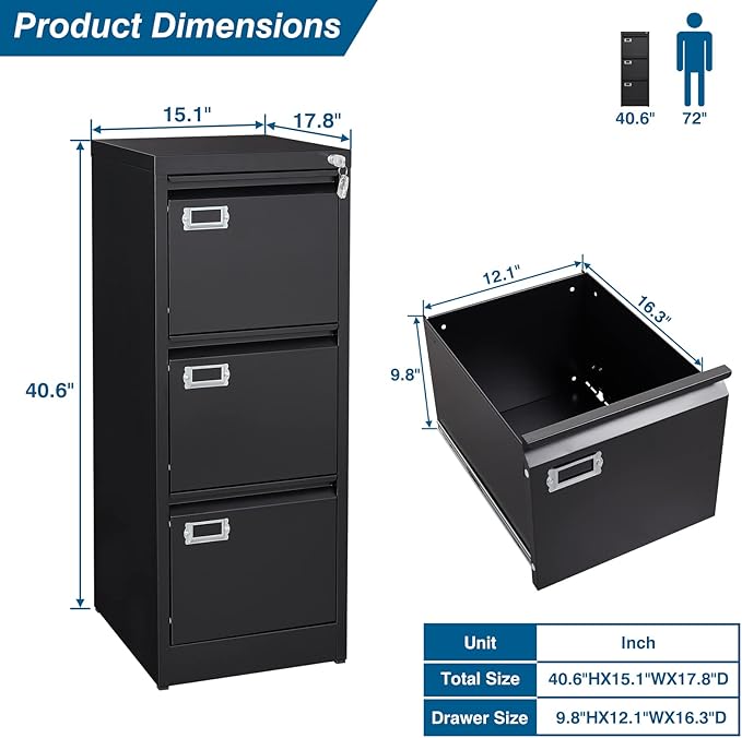 PEUKC 3-Drawer File Cabinet, 16.3" Deep Vertical Filing Cabinet with Lock, Metal File Cabinet for Home Office, Anti-Tip 3 Storage Drawers for Letter/Legal/A4/F4 Size, Assembly Required, Black