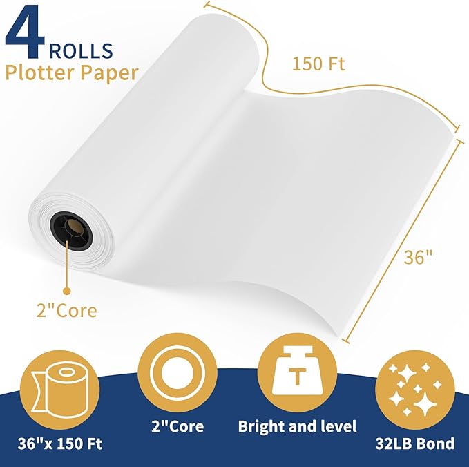 SJPACK Wide Format Paper Roll,36" x 150 ft Plotter Paper with 2 Inch Core for CAD and Inkjet Printing Premium Bond Papers for Engineering Architectural and Maps（4 roll）