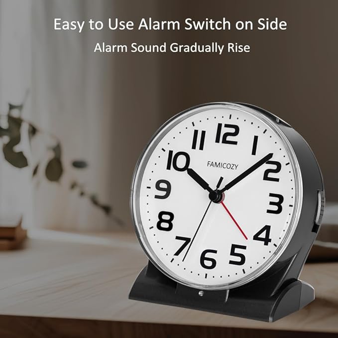 FAMICOZY Automatically Backlighted Alarm Clock,Silent No Ticking for Seniors Vision Impaired,Easy to Set,Big Numbers,Ascending Alarm,Gentle Wake,Snooze,2 AA Battery Operated,Black