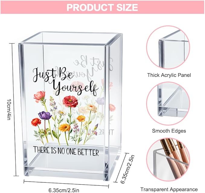Vgrti Just Be Yourself Acrylic Makeup Brush Organizer Holder, Motivational Vanity Desk Accessories for Bedroom Office, Inspirational Affirmation Quote Gifts for Women Girls Daughter Sister Coworker