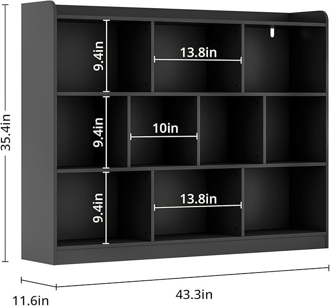 DIYART Black Bookshelf, Wood Bookcase with 3 Tier Open Shelves, 10-Cube Minimalist Storage Shelf for Living Room, Bedroom, 43.3" W x 35.4" H