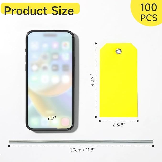 XUWAIDSGN 100Pcs Yellow Plastic Shipping Tags, 4 3/4" x 2 3/8", Writable, Durable, Waterproof