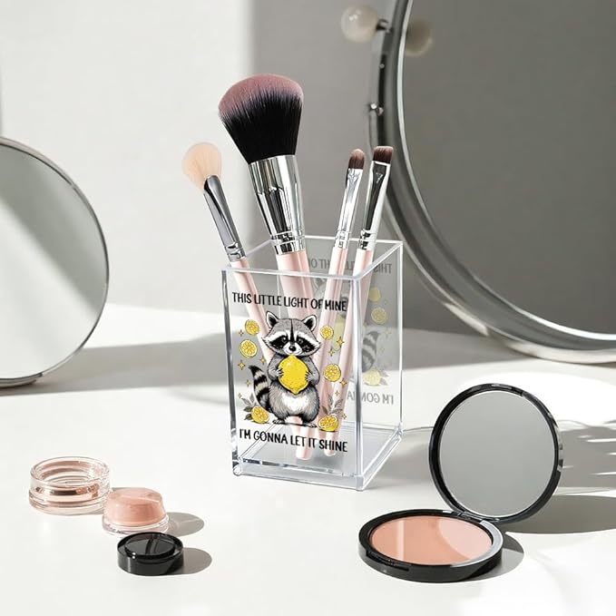 Vgrti This Little Light Of Mine I'm Gonna Let It Shine Acrylic Cosmetic Pencil Pen Holder Cup, Funny Raccoon Lemon Pen Holder Cup, Raccoon Lover Gifts, Mental Health Gifts for Women Colleague Teacher
