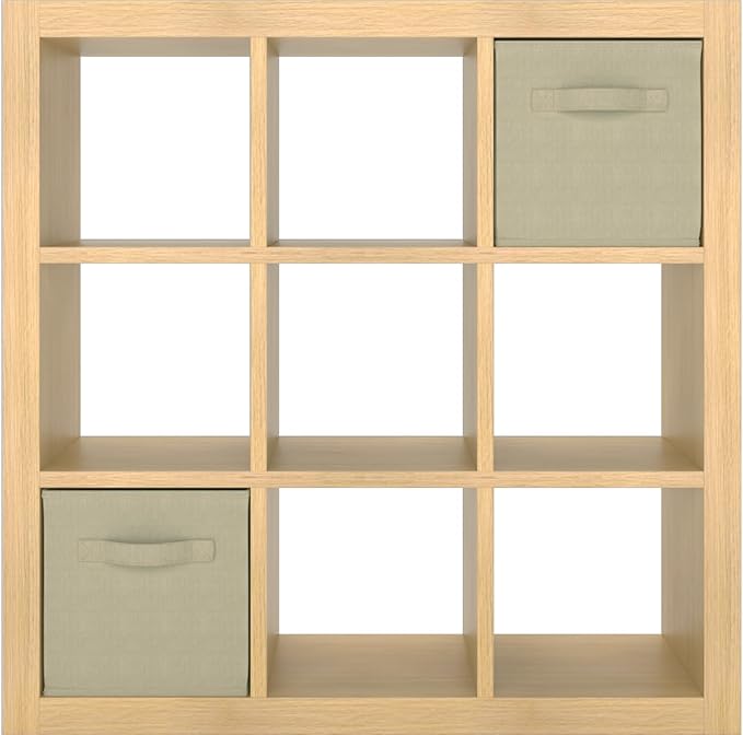 Bookshelf with Storage Bins, 9-Cube Storage Organizer Sturdy Wooden Bookcase Open Book Shelf, Multifunctional Cubicle Rack for Storage & Display, Furniture for Living Room Bedroom Office, Oak
