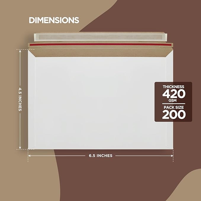 200 Pack 6.5x4.5 inches Rigid Mailer Self Seal Photo Document Mailers, Stay Flat White Cardboard Shipping Envelopes, Photography Mailers for CD, Photos, Document