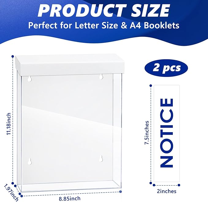 9.1" x 11.6" Outdoor Notice Brochure Holder Waterproof Wall Mount Literature Permit Box with Lid Screws Clear Acrylic Document Holder Fits Letter Size A4 Flyers Booklets Pamphlets (NOTICE WHITE)