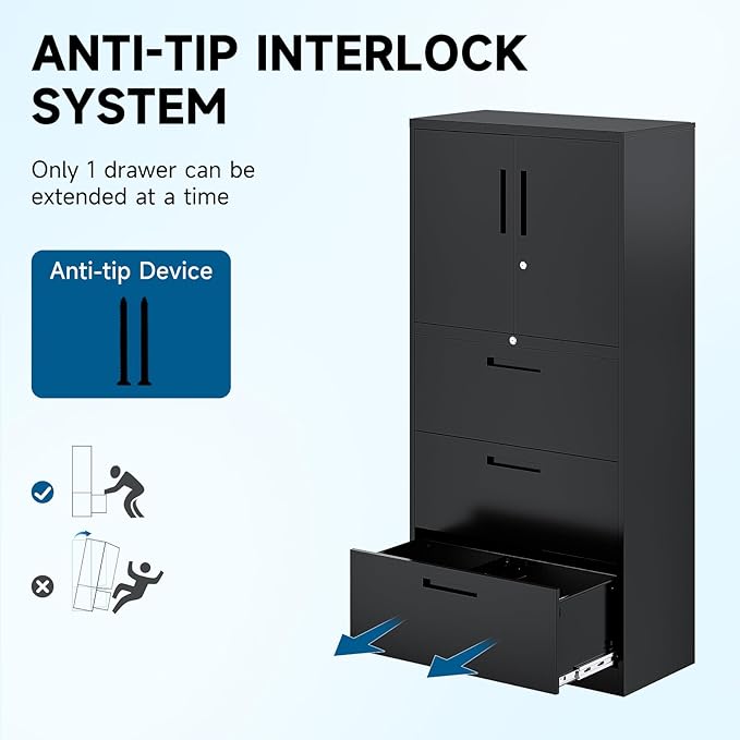 PEUKC 3-Drawer Metal File Cabinet, Lateral Vertical Filing Cabinets for Home Office, Locking File Cabinets with Storage Shelves, Legal/Letter/A4 Size Office File Cabinet (Black, Assemble Required)