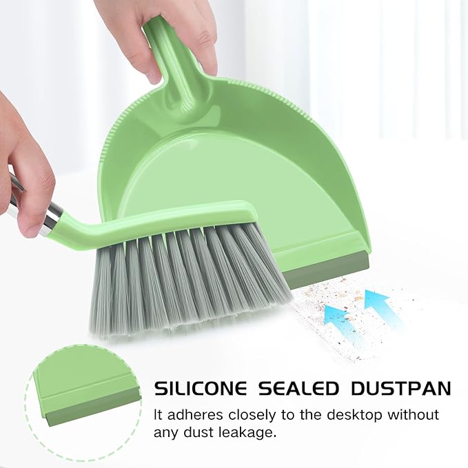NACENA Mini Broom and Dustpan Set, Small Dust Pan and Brush Set with Handle Dustpan Teeth for Cleaning Hair Suitable for Office Desks Drawers Sofas Outdoor Camping, Light & Green