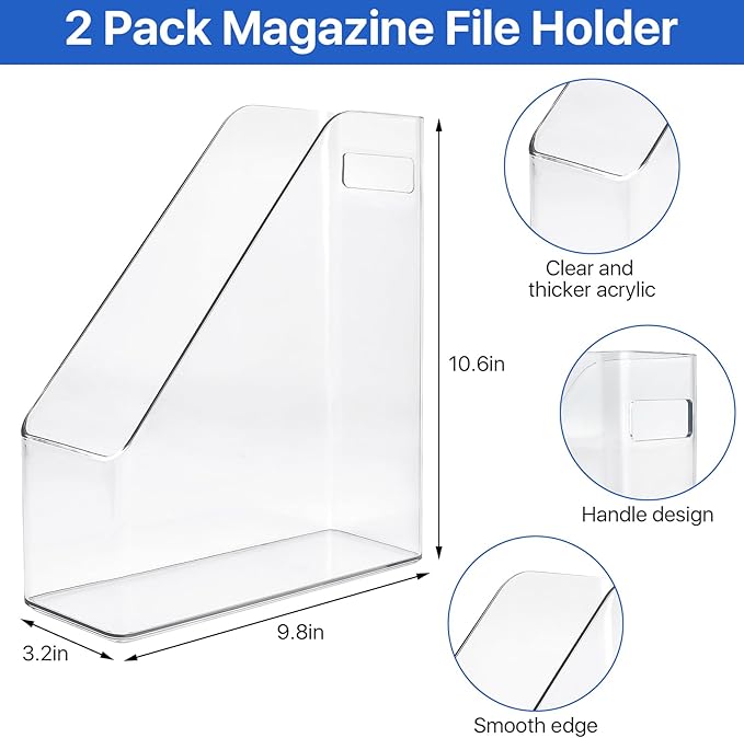 Akamino 2 Pack Acrylic Magazine File Holder,A4 Vertical File Organizer with Handle for Desk,Clear Document Rack File Folder Storage Bin for Home Office School