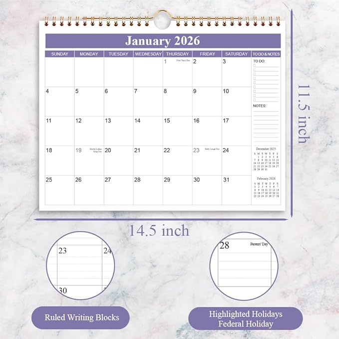 2026 Calendar - Calendar 2026 from January 2026 - December 2026, Wall Calendar 2026 with Thick Paper, 11.5" x 14.5", Purple