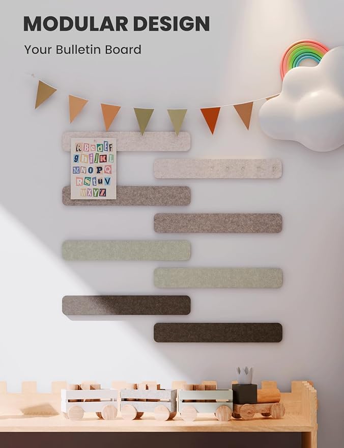 Fluxynara Cork Board Alternative Felt Strip Board 8-Pack 13"x2", Office Pin Board with 50 Push Pins, Adhesive Install for Bedroom Door & Home Office(Linen Dusk)