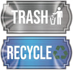 Recycle and Trash Stickers for Kitchen Trash Cans and Recycling Bins, Indoor Trash and Recycle Sticker Combo for Garbage Can Logo Symbol, Blue & Gray Decals, 6.5" x 3" Elegant Style with Split-back