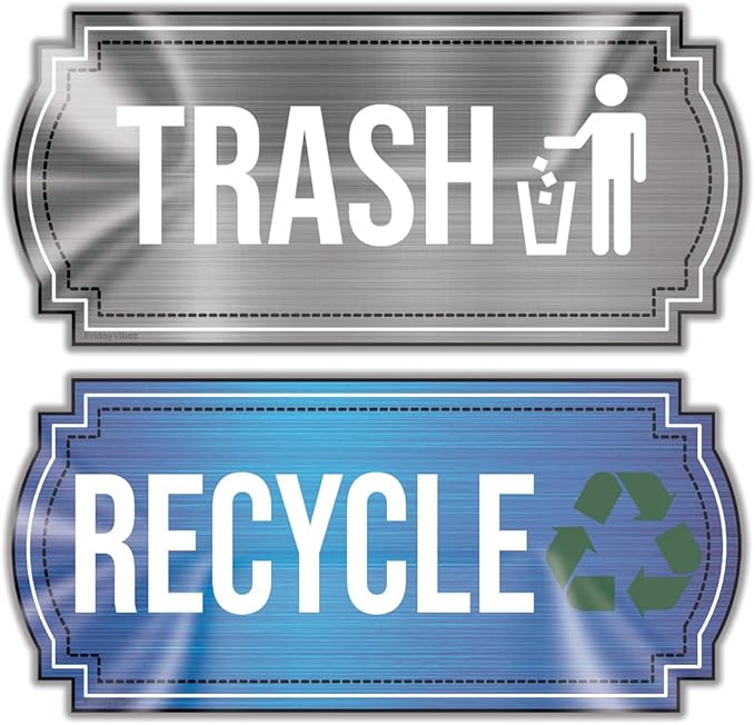 Recycle and Trash Stickers for Kitchen Trash Cans and Recycling Bins, Indoor Trash and Recycle Sticker Combo for Garbage Can Logo Symbol, Blue & Gray Decals, 6.5" x 3" Elegant Style with Split-back