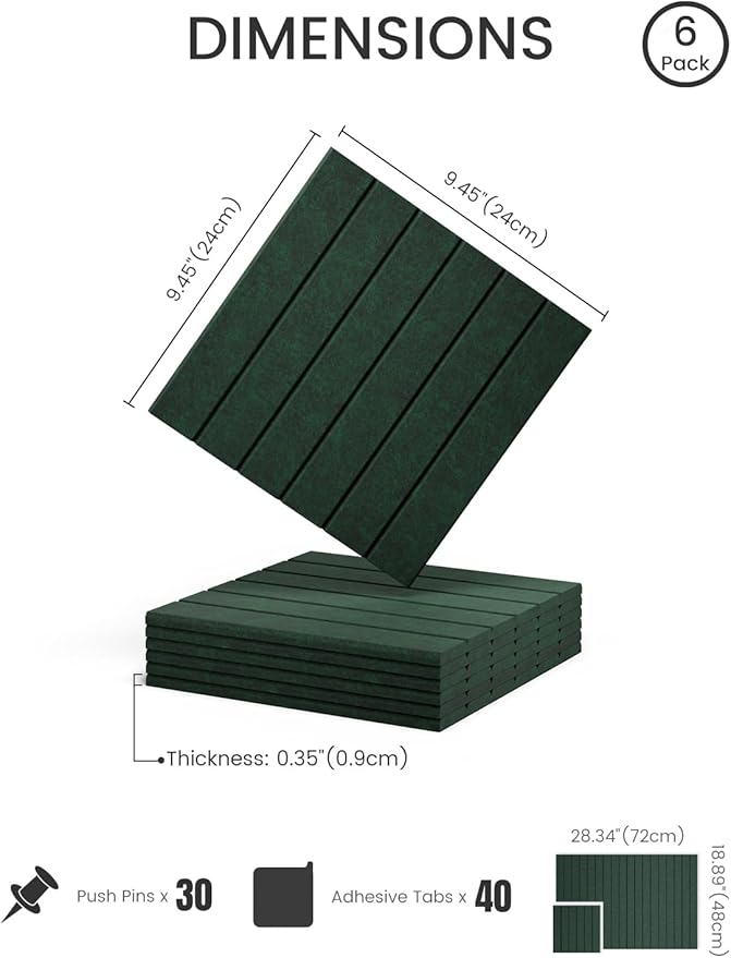 Fluxynara Felt Bulletin Board Tiles -28"x18" with 40 Adhesive Tabs, Cork Board Alternative for Office Decor, Push Pin Board Wall Organizer 6-Pack (Pine Green)