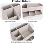 KINGFOM PU Leather Desk Organizer with Drawer, 5 Compartments Desktop Storage Caddy for Office & Home Supplies, Pen Holder for Remote Control, Phone & Accessories, Mail Organizer Countertop(Beige)