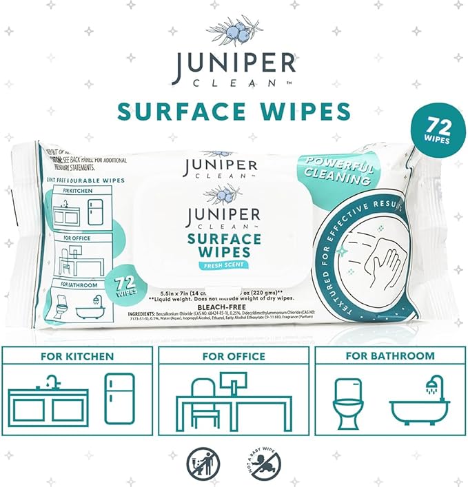 Juniper CLEAN 3 Pack Surface Cleaning Wipes Bleach Free, All-Purpose Cleaner for Bathroom, Kitchen, Office, 72 Count Soft Flow, Fresh Scent, Lint Free & Durable