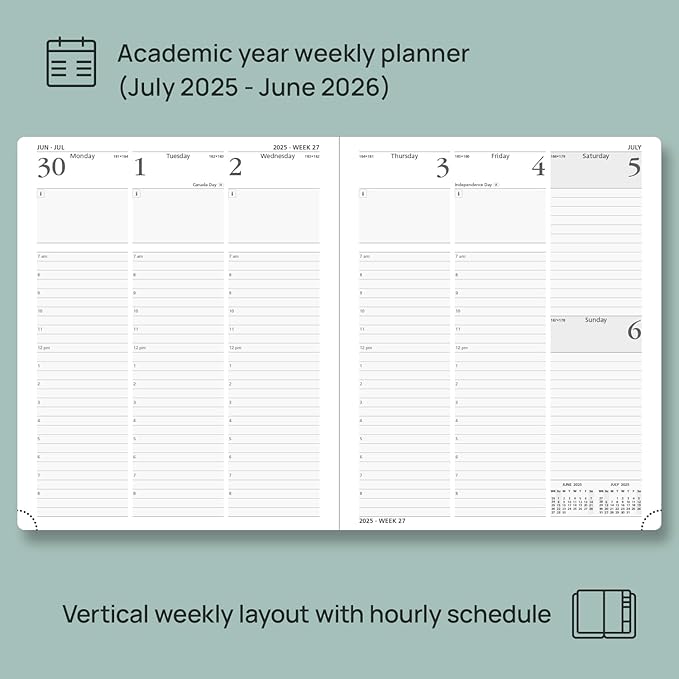 POPRUN Planner 2025-2026 (Large - 8.5'' x 10.5'') Academic Weekly Calendar (July 2025 - June 2026) with Hourly Time Slots, Monthly Tabs, 100GSM Thick Papers, Leather Soft Cover - Green