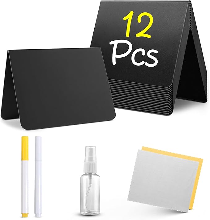 12 Pack Mini Chalkboard Signs for Food, 4”x3” Small Reusable Chalk Board Signs w/Spray Bottle, Food Labels for Party Buffet, Table Signs for Wedding, Name Tags & Bakery w/ 2 Markers & Wiping Cloths