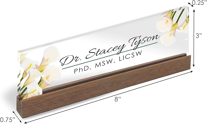 Artblox Personalized Office Desk Name Plate and Business Card Holder | Clear Acrylic Glass with Teak Wood Stand | Calla Flowers Design Customized with Your Name and Credentials Office Desk Decor