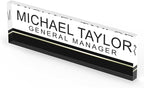 Artblox Personalized Office Desk Name Plate and Business Card Holder | Clear Acrylic Glass with Teak Wood Stand | Black Stripe Design Customized with Your Name and Credentials Office Desk Decor