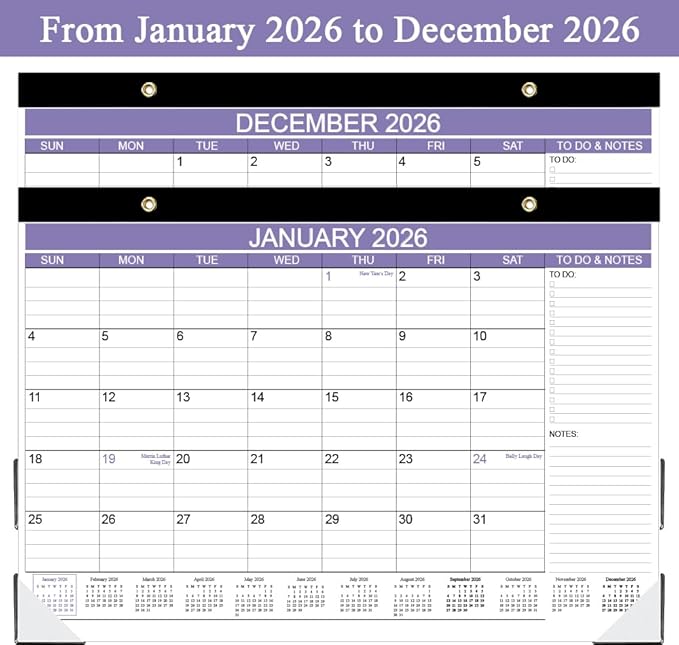 2026 Desk Calendar - Calendar 2026 from January 2026 - December 2026, Desk Calendar 2026 with to-do List, 12" x 17", Purple