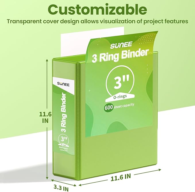 SUNEE 3 Ring Binder 3 Inch 1 Pack, Clear View Binder Three Ring PVC-Free (Fit 8.5x11 Inches) for School or Office Supplies, Tender Green