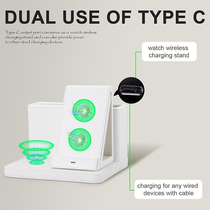 LADSTAG Leather Desk accessories Pen Holder with 3-in-1 Wireless Charger for Phone, Earbuds, Watch Multifunctional Desktop Phone Stand for Office and Home,birthday gifts,gifts for him (white)