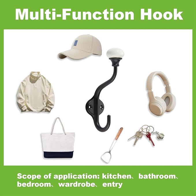 TUNNY Coat Hooks - 3 Pack Matte Black Towel Hooks Robe Hooks Decorative Wall Hooks for Bathroom Bedroom Kitchen Towel Robe Clothes Cabinet Closet Bathroom Hardware
