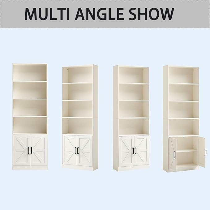 RWYHG 70in Tall Bookshelf 6 Tier Bookcase with Barn Doors and Adjustable Shelf, White Farmhouse Book Shelves with Storage Cabinet,Wood Floorstanding Display Bookshelve for Bedroom,Living Room,2 Piece