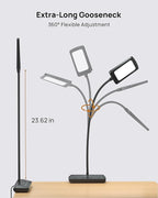 TROND LED Desk Lamp with Clamp Power Strip - Eye Caring Desk Light with 4 Surge Protector Outlet, 15 Lighting Mode, 6ft Flat Plug Extension Cord, Gooseneck for Home Office College Dorm Room Essentials