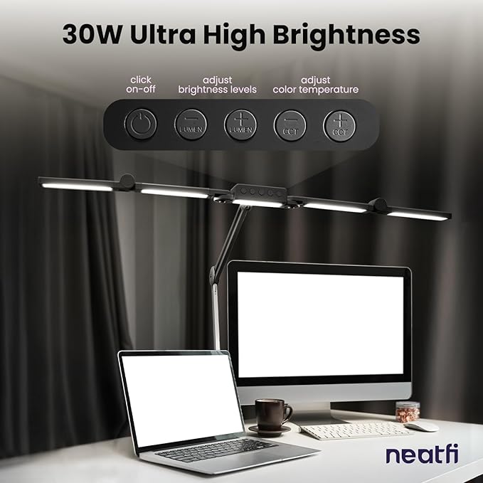 Neatfi (New Model) 3,000 Lumens LED Desk Lamp, Dimmable, 360 SMD LEDs, 30W, CRI 95, Adjustable Light Modes, Task Lamps for Home Office, Study Lamp, Desk Light Bar (CCT with Clamp, Black, 44 Inches)
