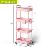 Sorgion 4 Tier Rolling Cart Organizer,Art Craft Diaper Bedside Snack Laundry Room Bathroom Organizer Narrow Thin Slim Rolling Trolley Utility Cart with Wheels for Kitchen,Office(Pink)