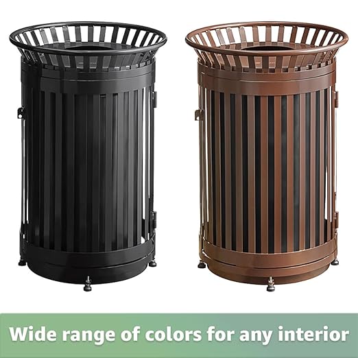 Zedfire 45 Gallon Brown Waste Bin with Flat Lid & Door, Outdoor Heavy-Duty Commercial Trash Can Steel Slatted, Round Recycle Container, Durable Garbage Can for Parks, Municipalities, Parking, Schools