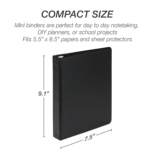 Samsill Economy 3 Ring Mini Binder, Made in The USA, 1-Inch Round Ring Binder, Holds 100 Sheets, Black, 6 Pack (MP32300)