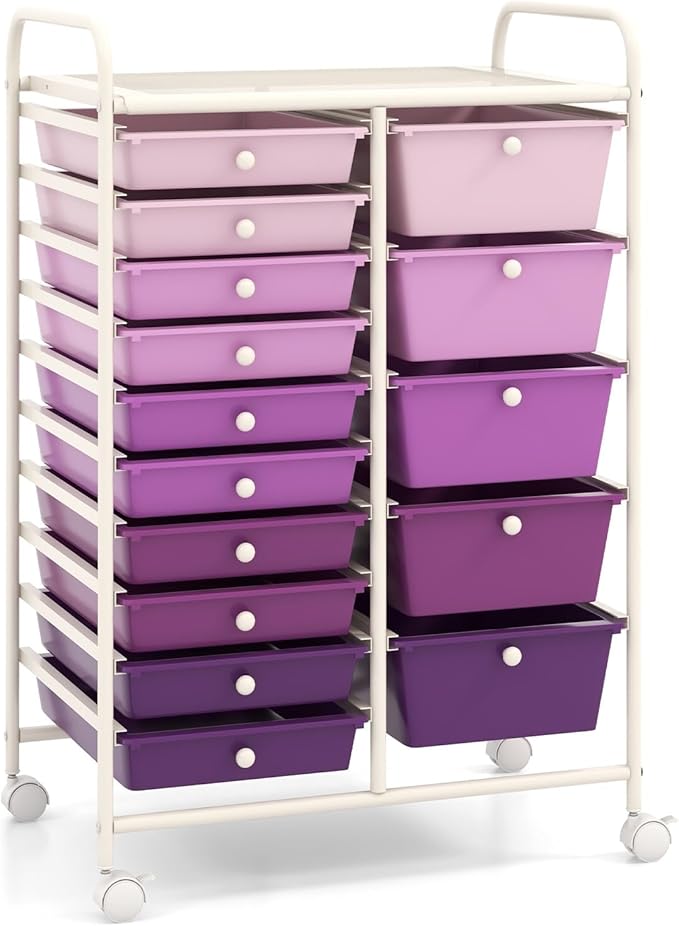 LDAILY 15 Drawer Rolling Storage Cart, Rolling Cart with Drawers for Classroom, Art Supply Craft Organizer on Wheel with Metal Frame & Handles for Home Office School
