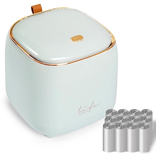 Daphilly Mini Countertop Trash Can with 12 Rolls of Trash Bags, Desk Trash Can Tiny Trash Can with Press Type Lid, light blue