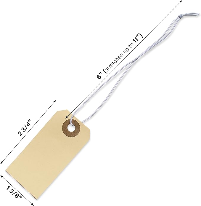 Manila Tags with Elastic Loop - 2 3/4' x 1 3/8', Box of 100 Paper Tags with Reinforced Hole, Labels with String Attached