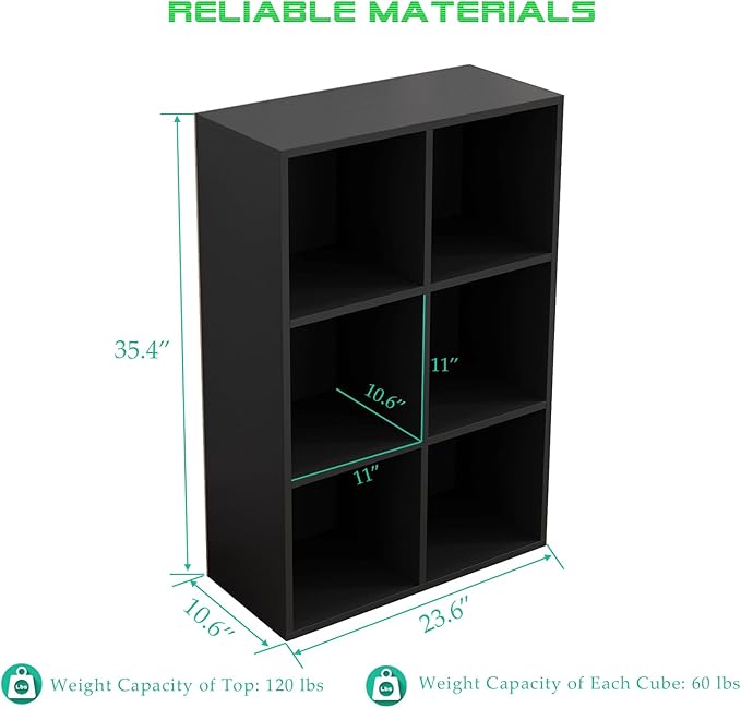 OSCHF 6-Cube Storage Shelf Bookcase - Wooden 3-Tier Floor Standing Open Bookshelf for Home and Office, Display Cabinet, Black