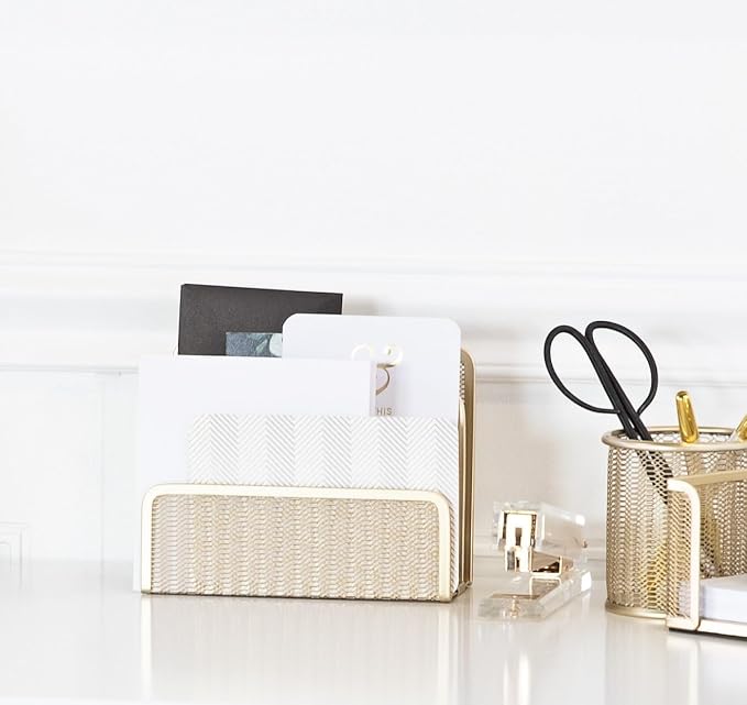 BLU MONACO | Gold Metal Mesh Mail Sorter Organizer Countertop | Paper Sorter for Desk with Three Tiers | Letter Organizer and Outgoing Mail Holder